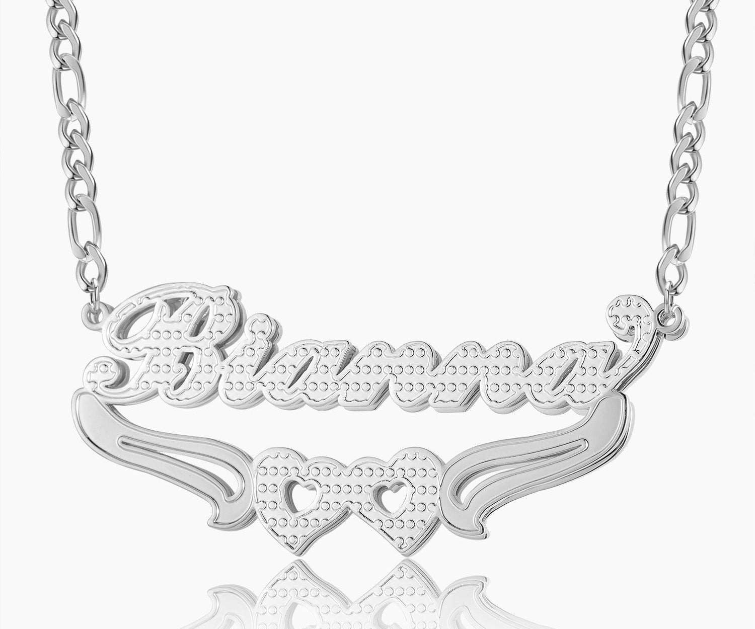 Double Plated Hearts Name Necklace w/ Figaro Chain