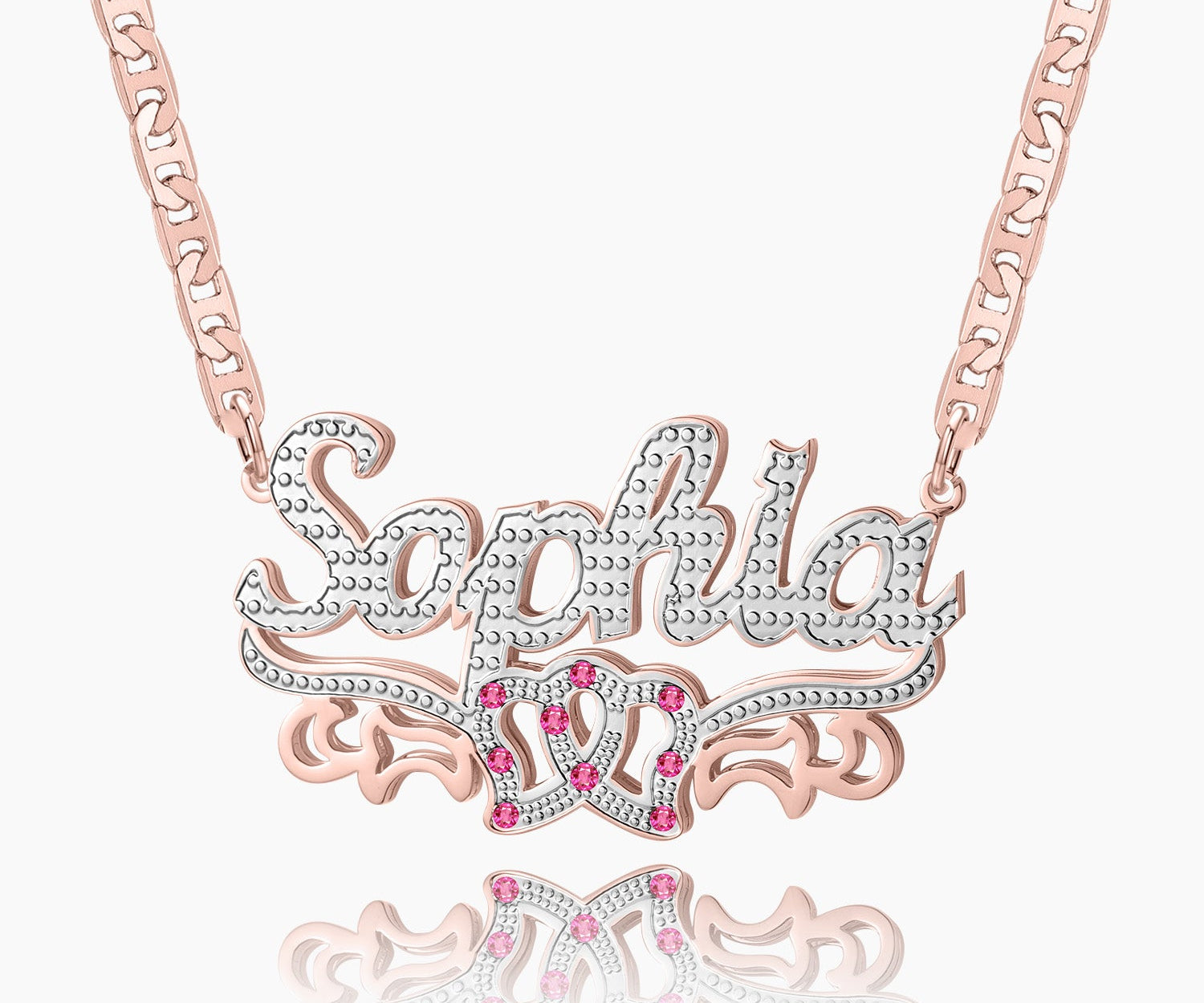 Double Plated Double Heart Name Necklace w/ Clip Chain