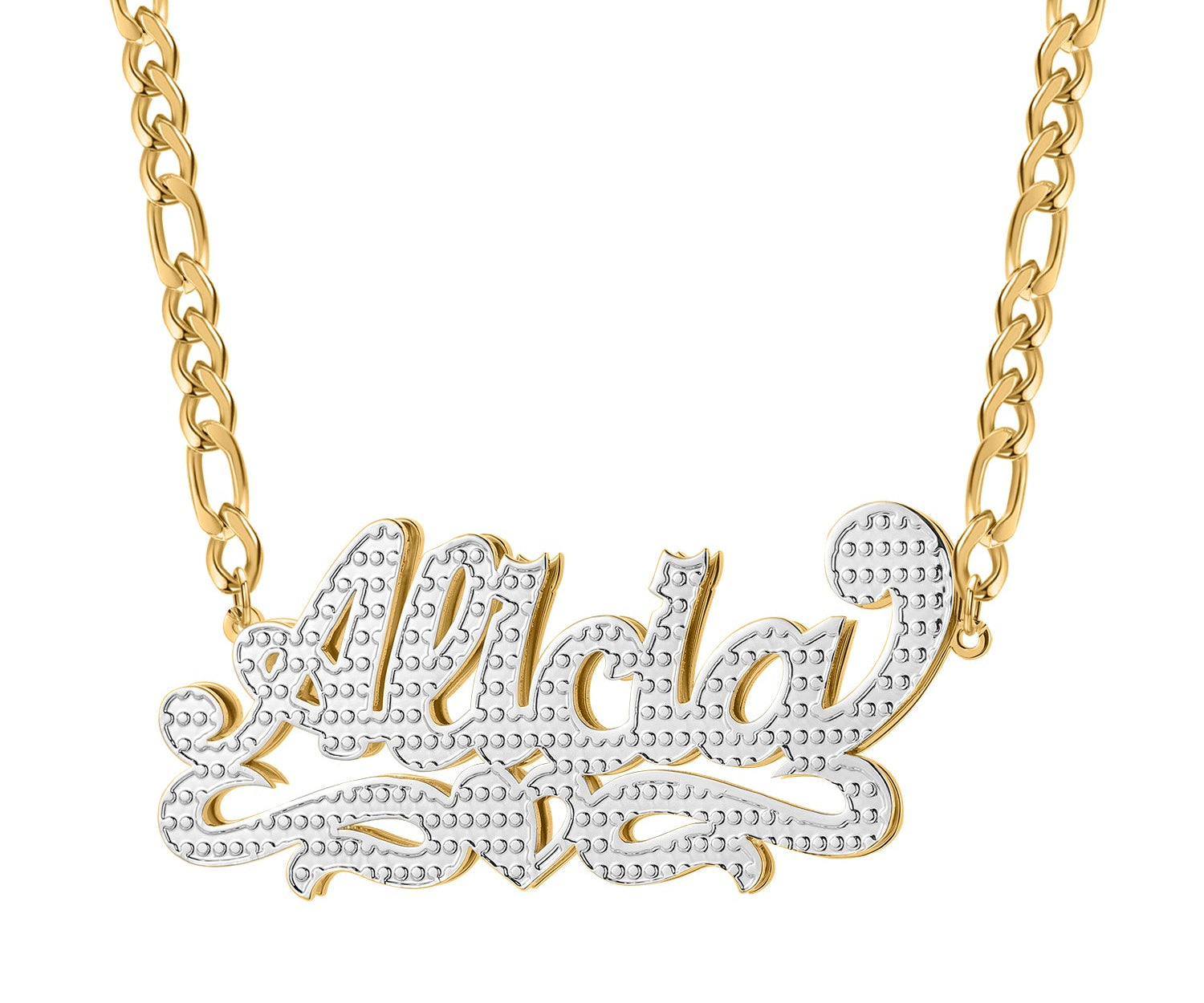 Double Plated Heart Twirl Name Necklace w/ Figaro Chain