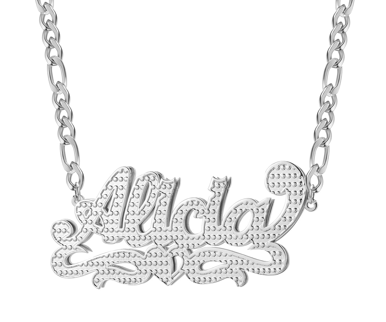 Double Plated Heart Twirl Name Necklace w/ Figaro Chain