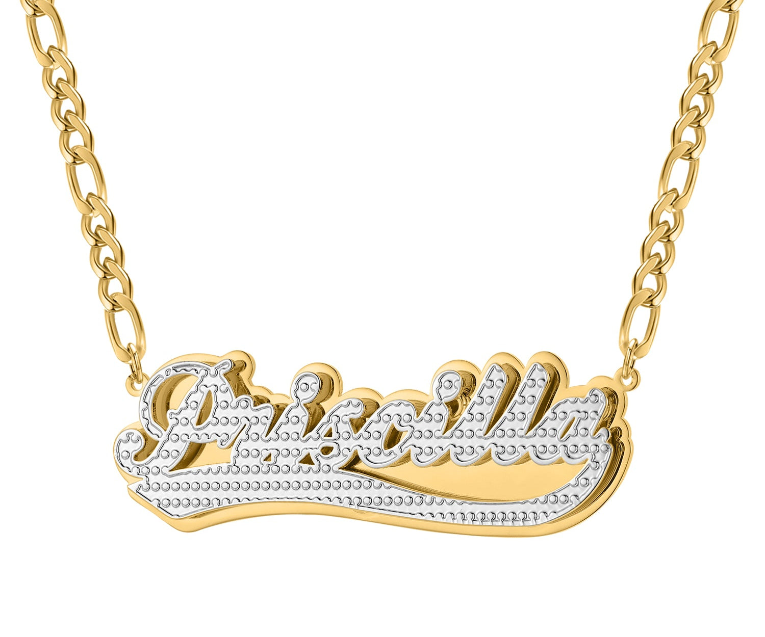 Double Plated Swiped Name Necklace w/ Figaro Chain