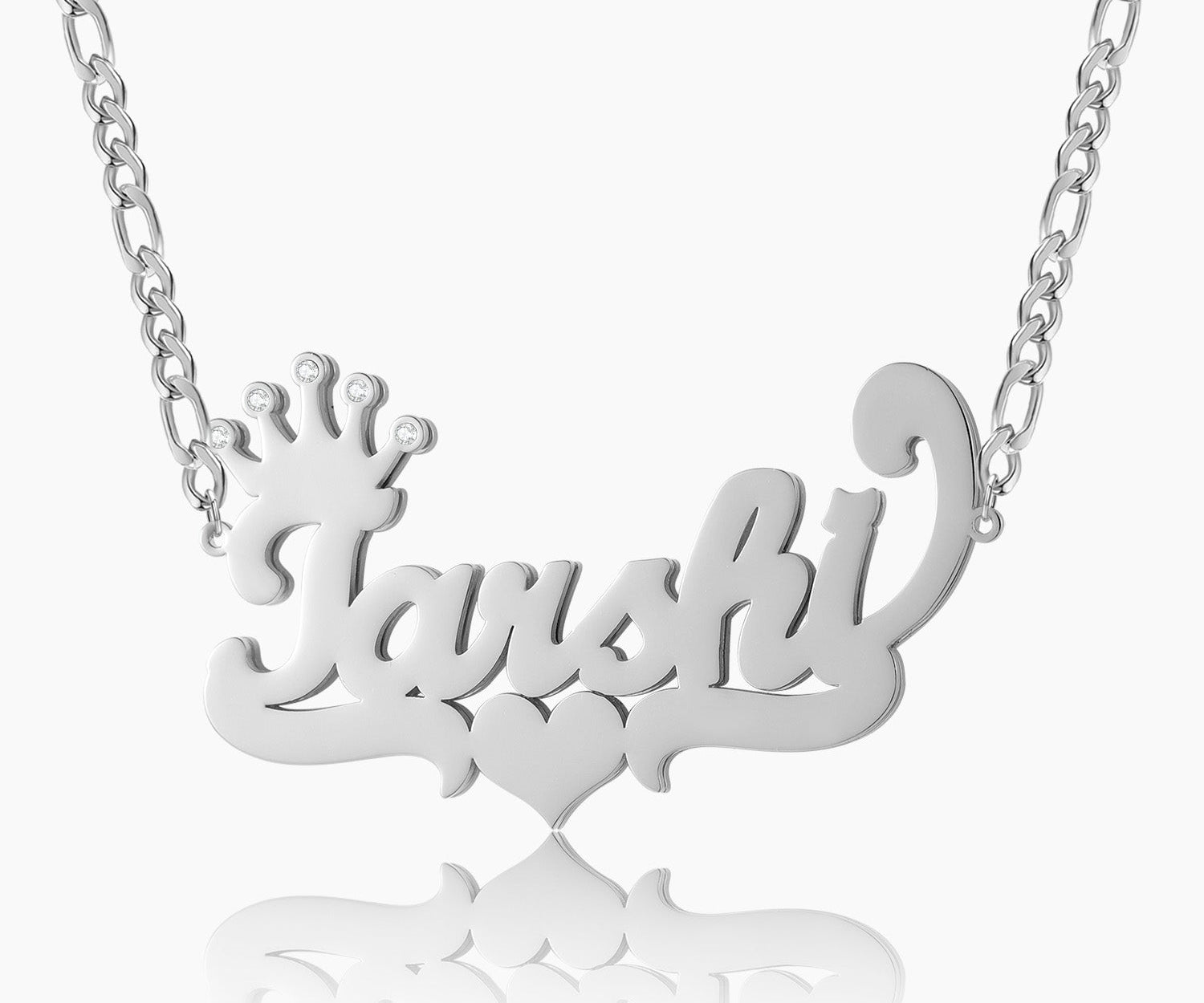 Double Plated Crown Heart Name Necklace w/ Figaro Chain