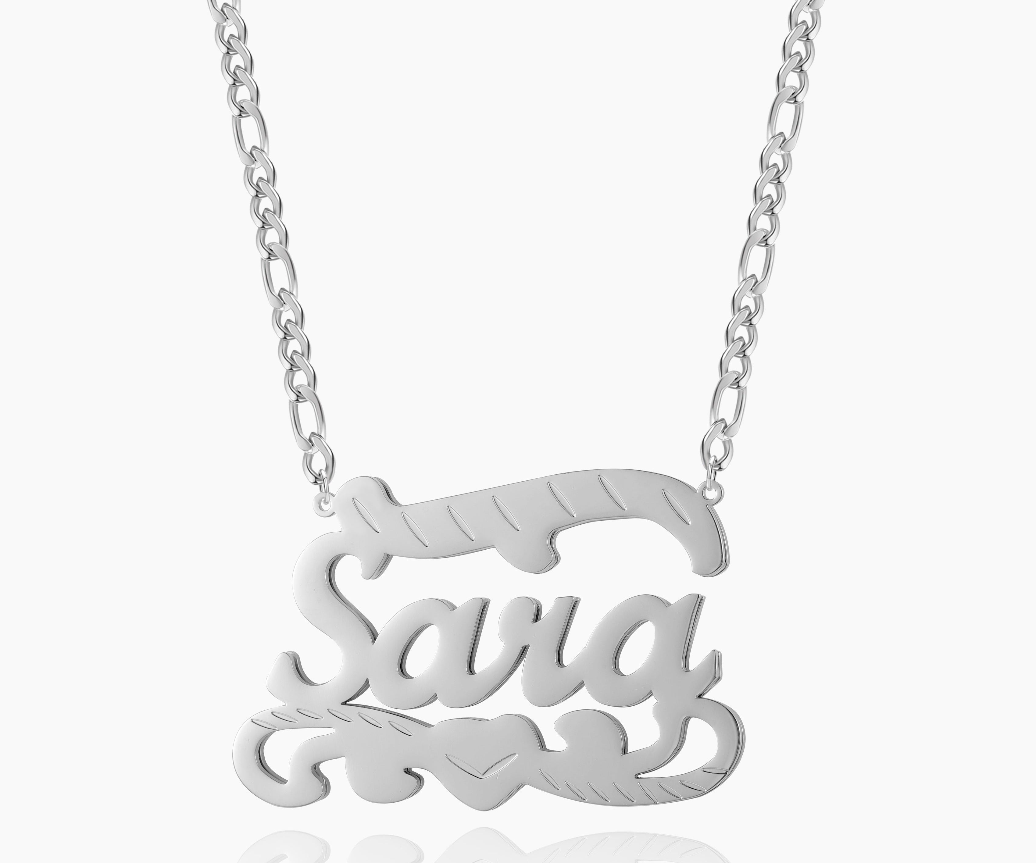 Double Plated Name Heart Necklace w/ Figaro Chain