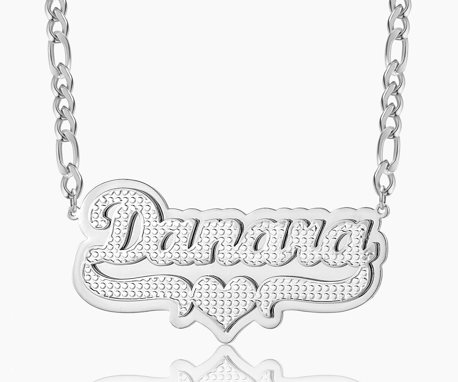 Double Plated Pop Out Heart Name Necklace w/ Figaro Chain