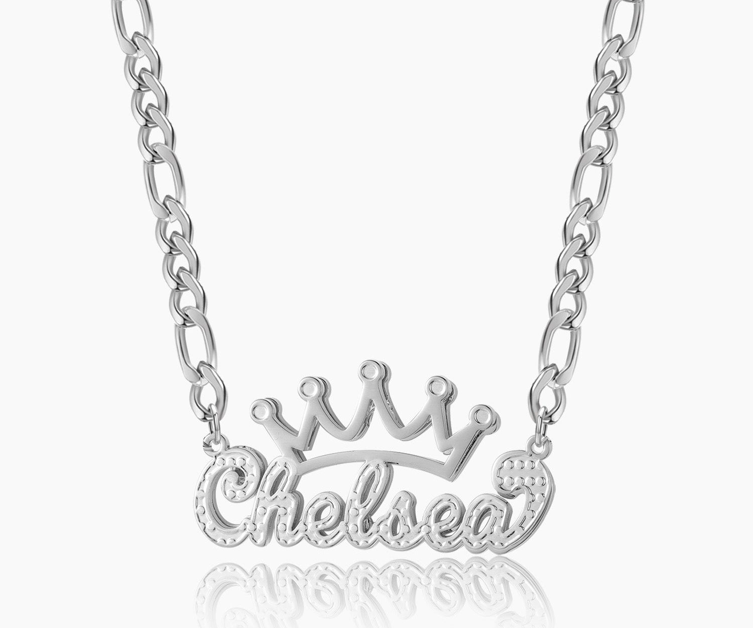 Double Plated Crown Name Necklace w/ Figaro Chain