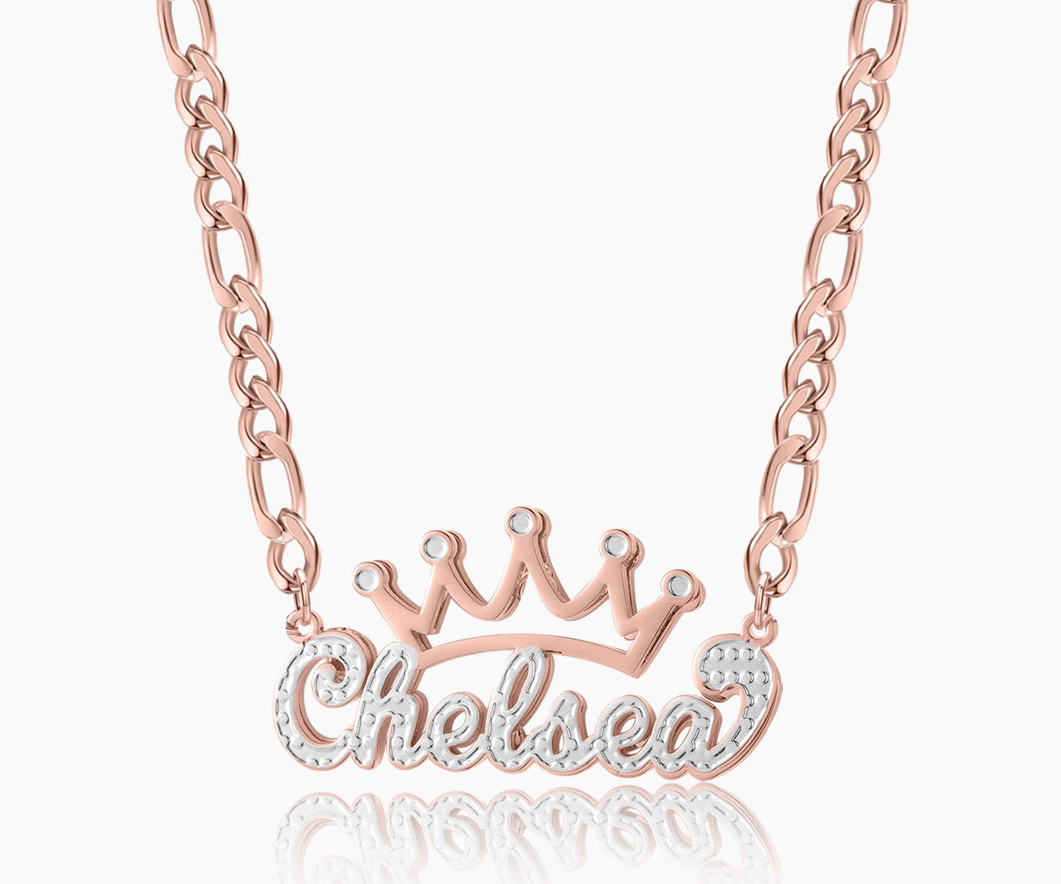 Double Plated Crown Name Necklace w/ Figaro Chain
