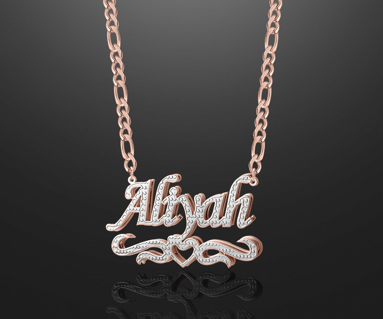 Double Plated Heart Title Name Necklace w/ Figaro Chain