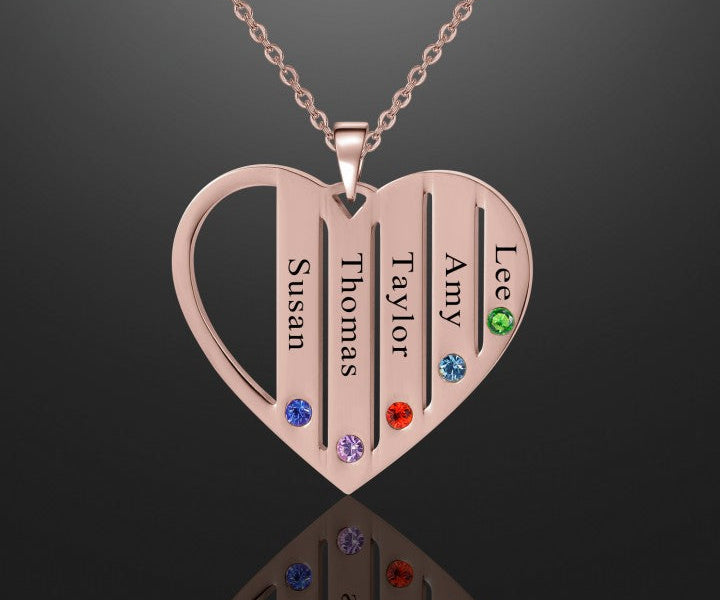Family Name Heart Necklace w/ Birthstones