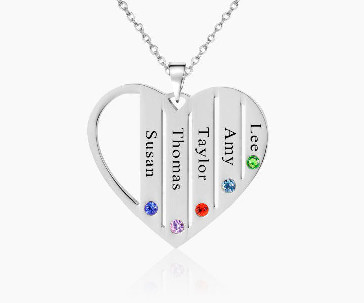Family Name Heart Necklace w/ Birthstones